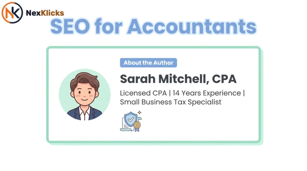 A professional author bio section on an accounting blog illustrating E-E-A-T for accountants SEO, showing CPA credentials, license number, specialization, and years of experience