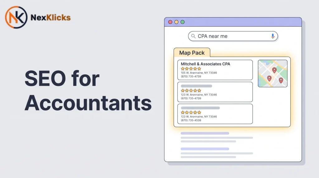 Google Map Pack search results for "CPA near me" showing three local accounting firm listings with star ratings, addresses, and phone numbers, illustrating local SEO for accountants
