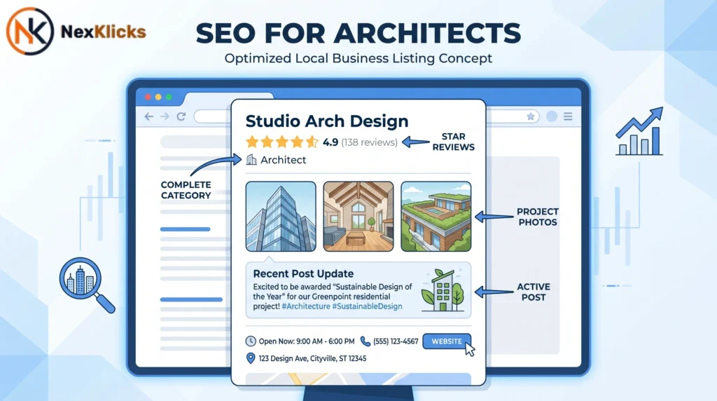 SEO for architects Google Business Profile mockup showing complete architecture firm profile with 4.9 star reviews professional project photos active posts and annotation arrows