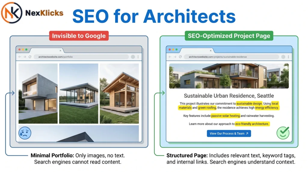 SEO for architects portfolio page comparison: left side shows image-only gallery labeled invisible to Google, right side shows structured case study with keyword text and internal link button