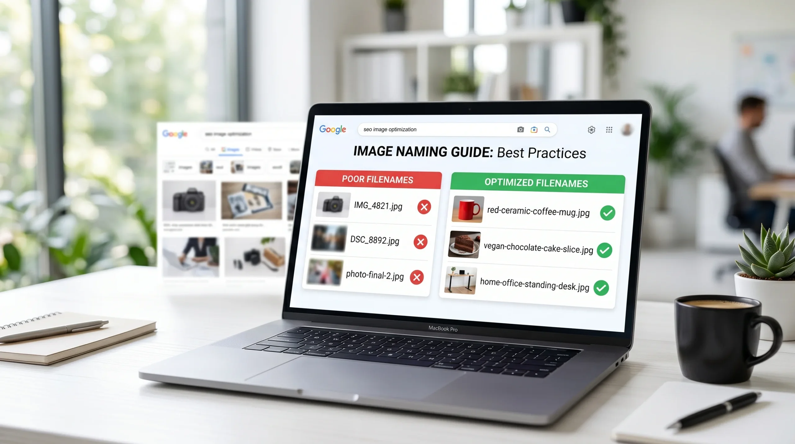 seo image names guide open on laptop showing before and after file naming examples for Google image search