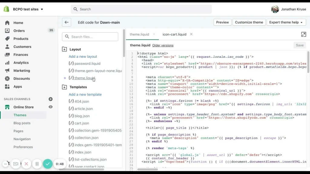 screenshot showing shopify theme code editor open on theme.liquid