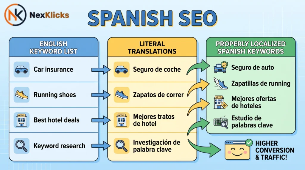 Spanish SEO keyword localization example showing the difference between direct translation and properly researched Spanish-language search terms for US Hispanic markets.