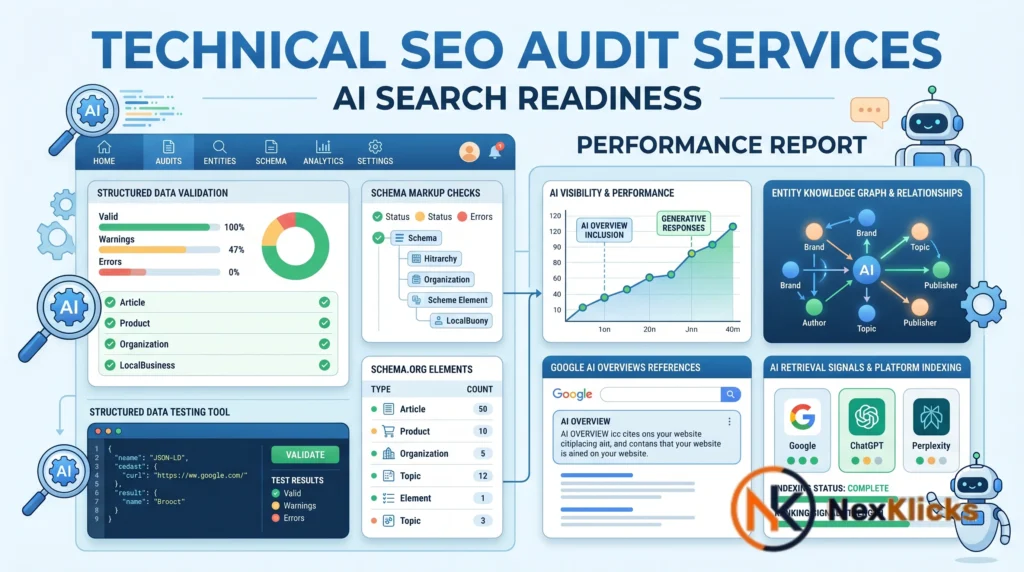 Technical SEO audit services dashboard displaying schema validation and AI search readiness metrics