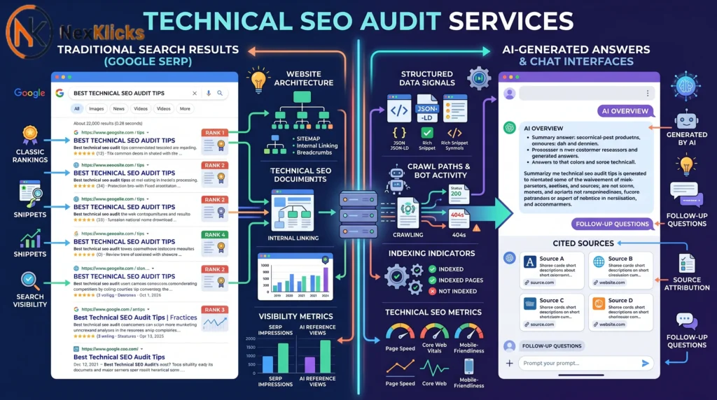 Technical SEO audit services comparison between traditional search rankings and AI-generated answers