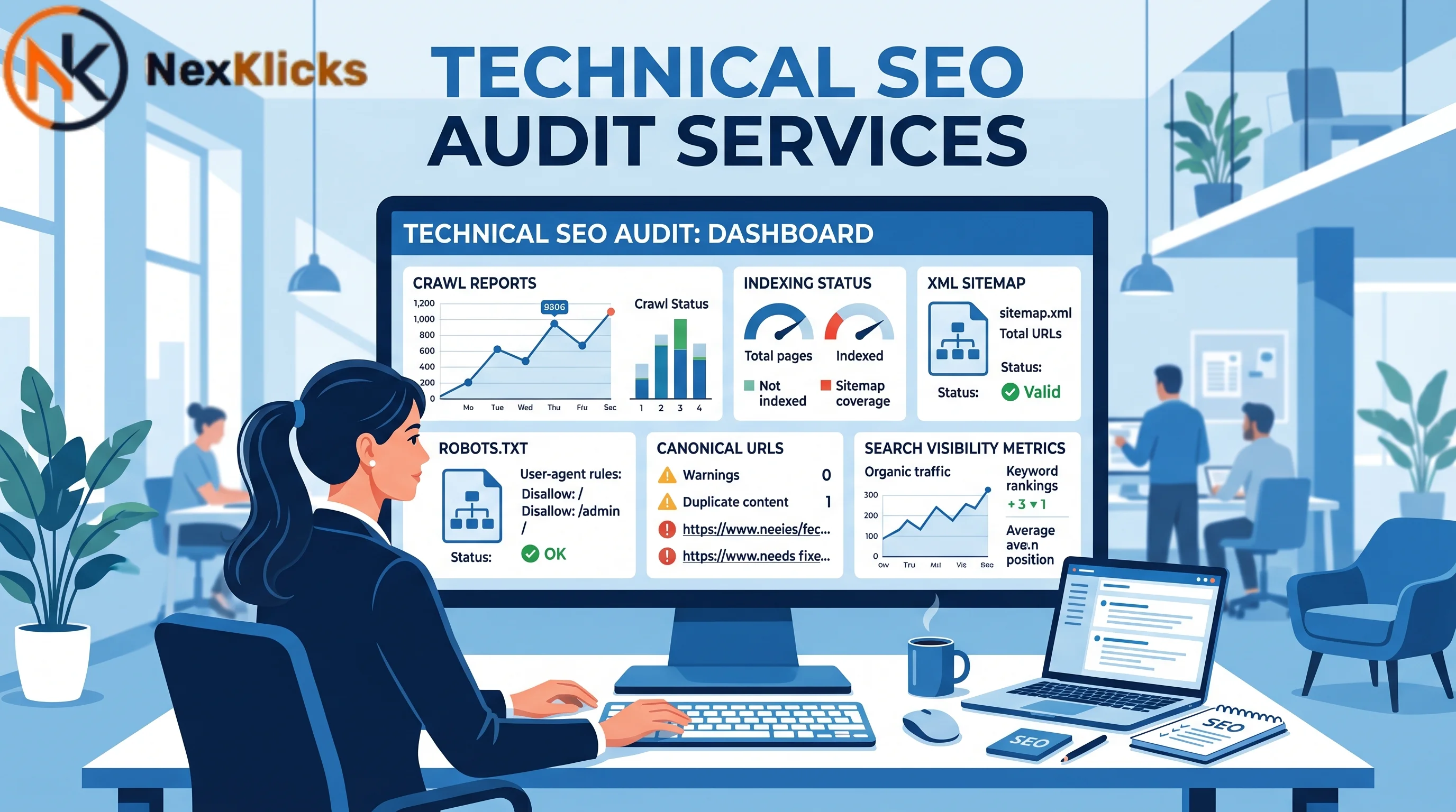 Technical SEO audit services specialist reviewing crawl reports and indexing diagnostics dashboard