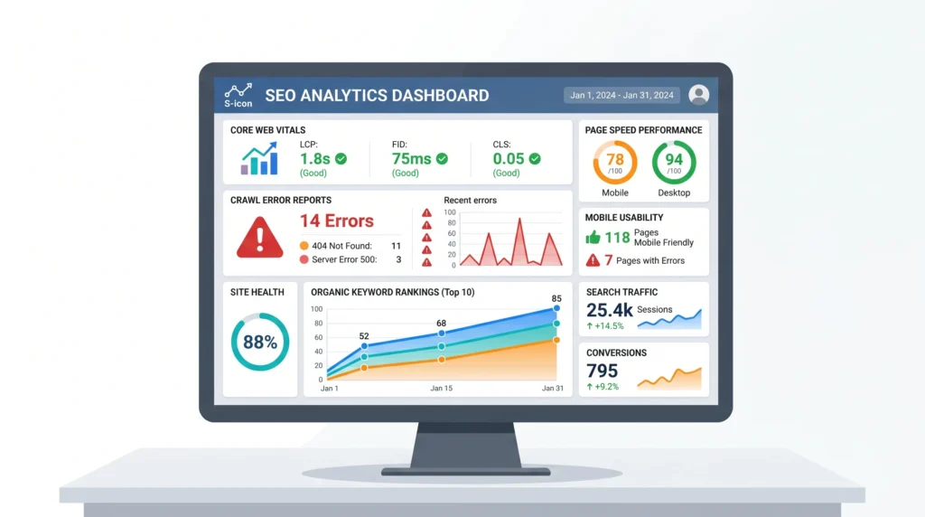 technical seo dashboard displaying core web vitals scores, crawl errors, page speed metrics, and mobile performance indicators