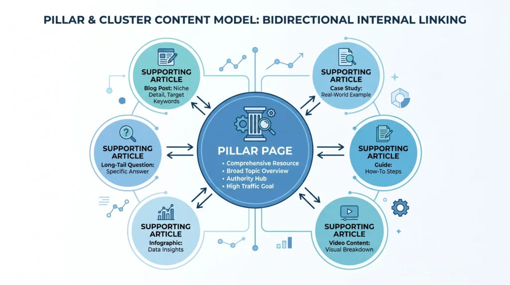 topical authority seo diagram showing a pillar page connected to supporting cluster articles through internal links to avoid ai seo mistakes in 2026