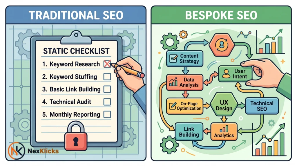 A side-by-side diagram comparing a rigid checklist for Traditional SEO and a flexible modular framework for Bespoke SEO.