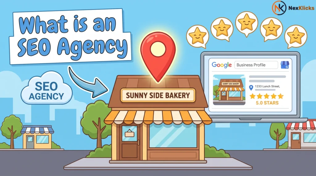 What is an SEO agency doing for a local business bakery storefront with a map pin and reviews