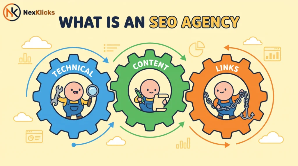 Diagram of the three core SEO pillars to understand What is an SEO agency