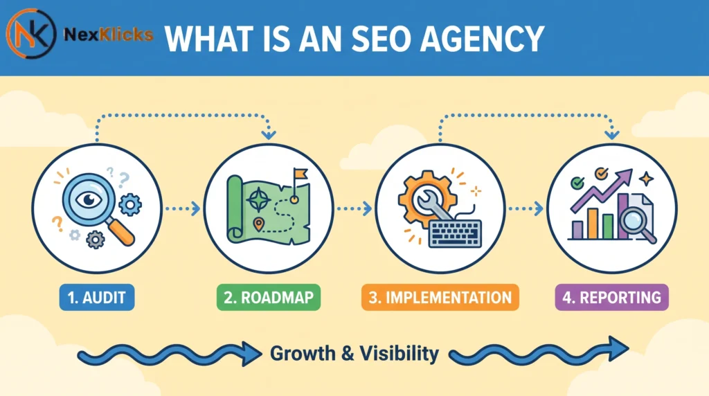 What is an SEO agency's workflow of four-step audit, roadmap, implementation, and reporting process