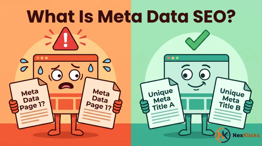 Cartoon showing duplicate title tag mistake versus unique metadata to illustrate what is meta data SEO errors