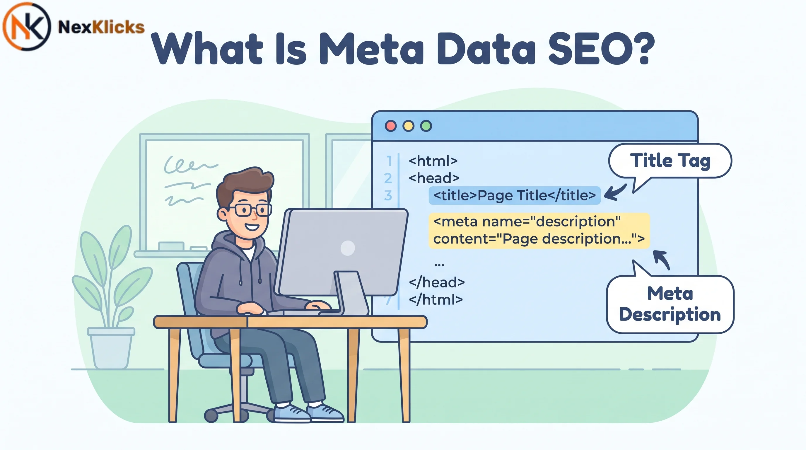 A developer viewing HTML meta tags on screen to understand what is meta data SEO