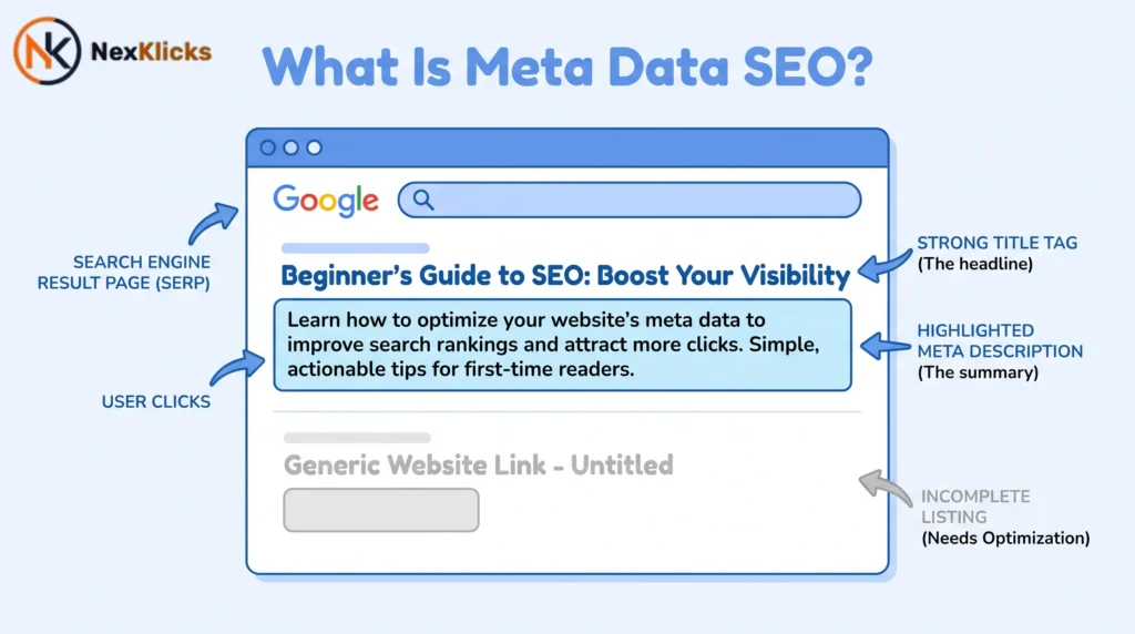 Diagram comparing title tag and meta description in search results to explain what is meta data SEO