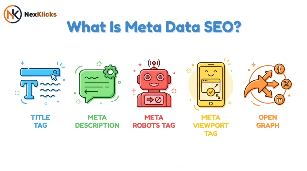 Flat icons showing five types of meta tags for readers learning what is meta data SEO