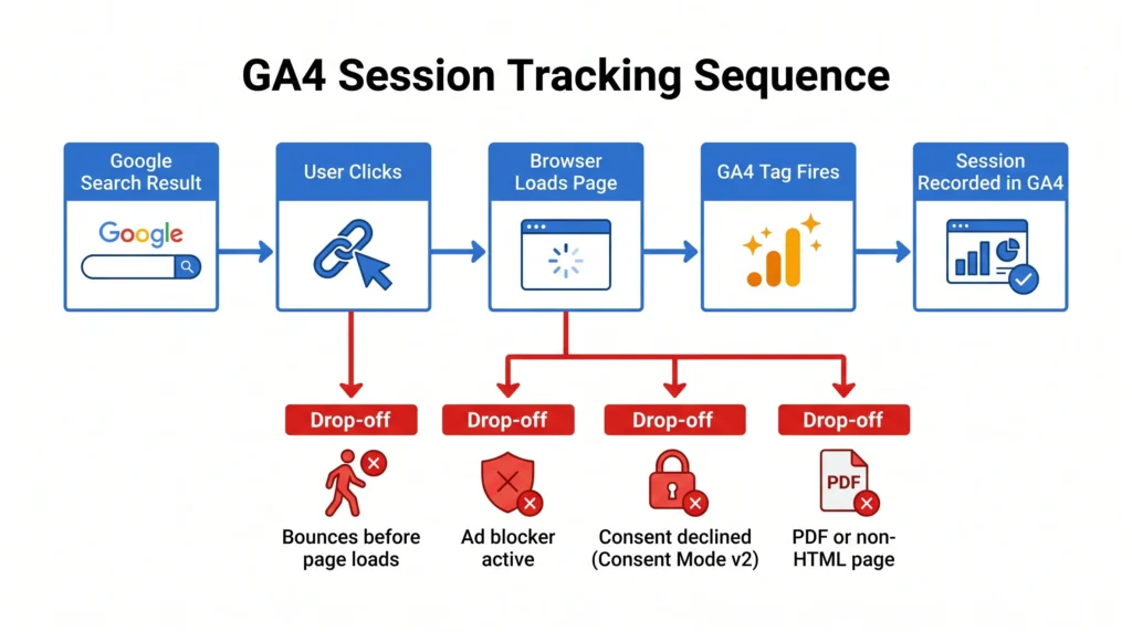flowchart showing the journey from a google search console click to a ga4 session, with four labeled drop-off points where the session fails to record