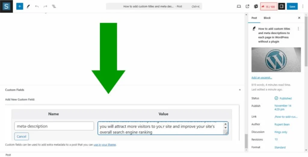 wordpress editor showing custom meta description box for manual seo setup