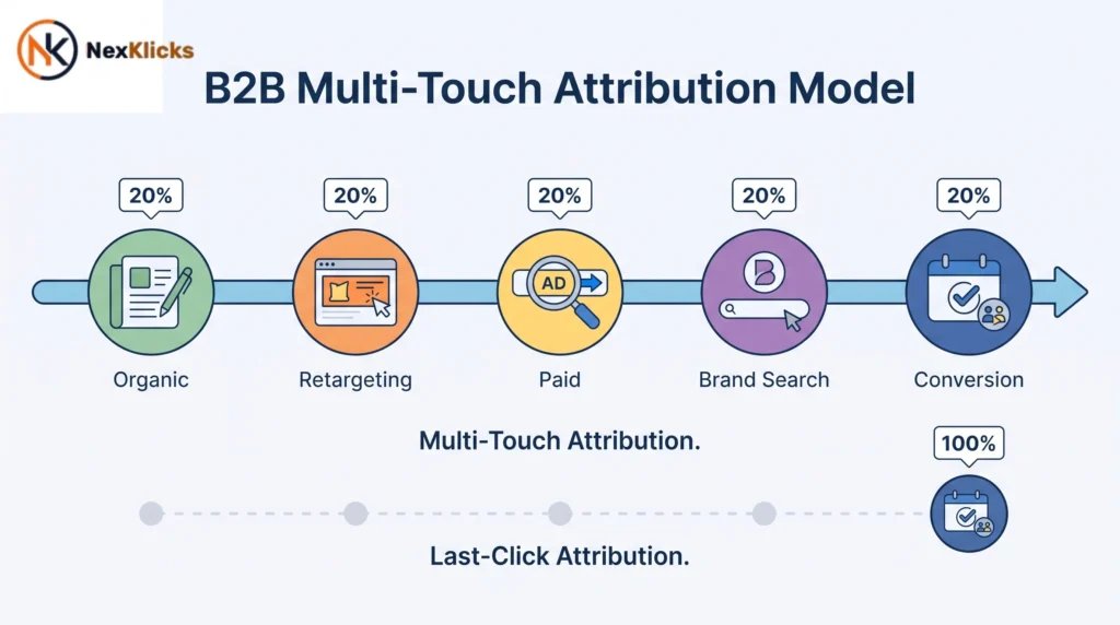 Multi-touch attribution model for B2B Search Engine Marketing showing credit spread across five touchpoints versus last-click attribution