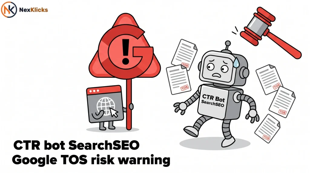 Diagram showing the legal and Google's terms of service risk of using a CTR bot SearchSEO tool on your website