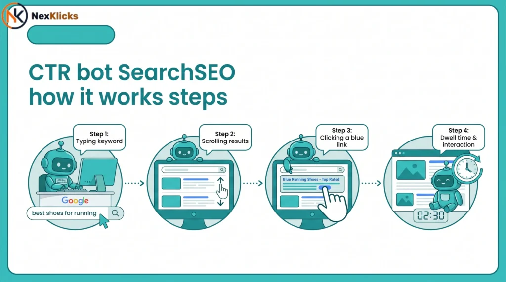 Diagram showing CTR bot SearchSEO process from keyword search to SERP click to dwell time simulation