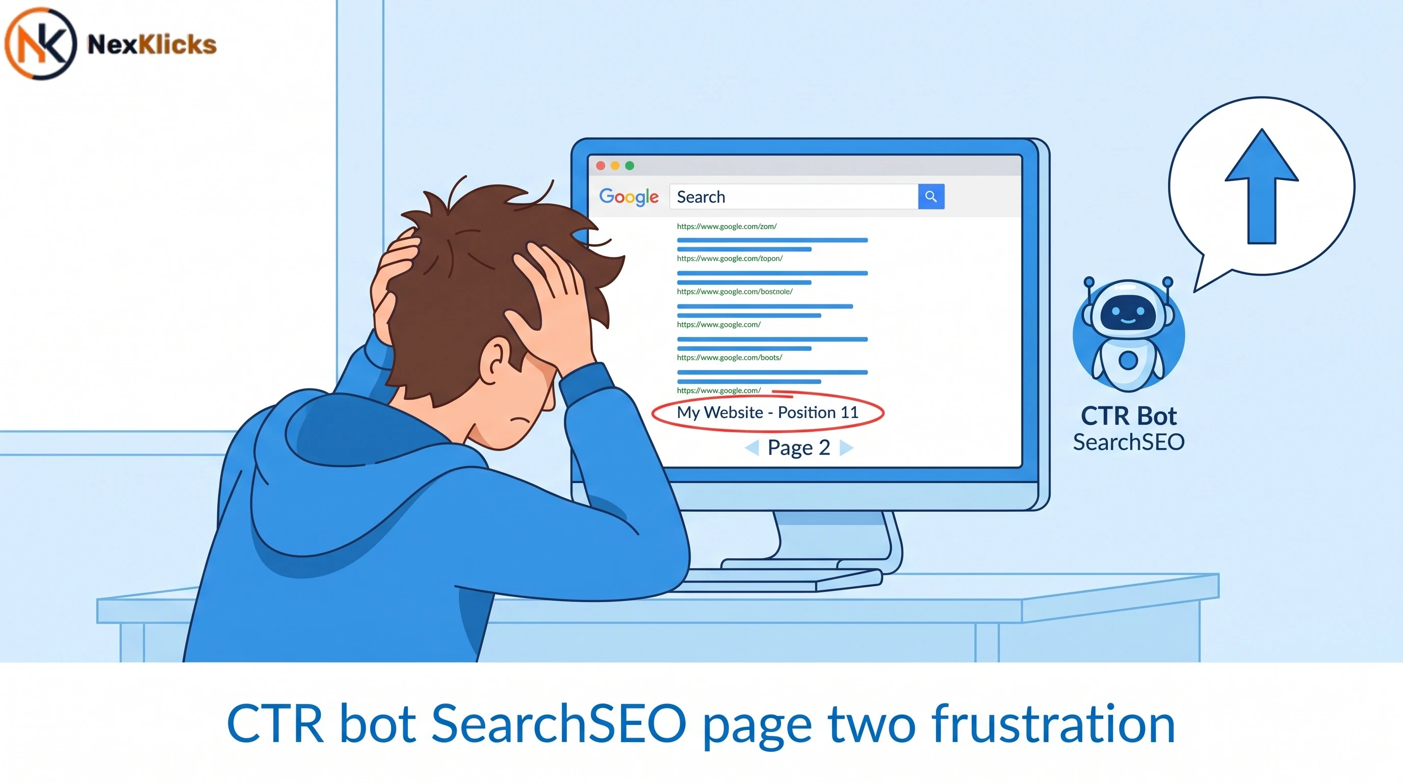 CTR bot SearchSEO illustrated as a robot helping an SEO stuck on Google page two move up in rankings