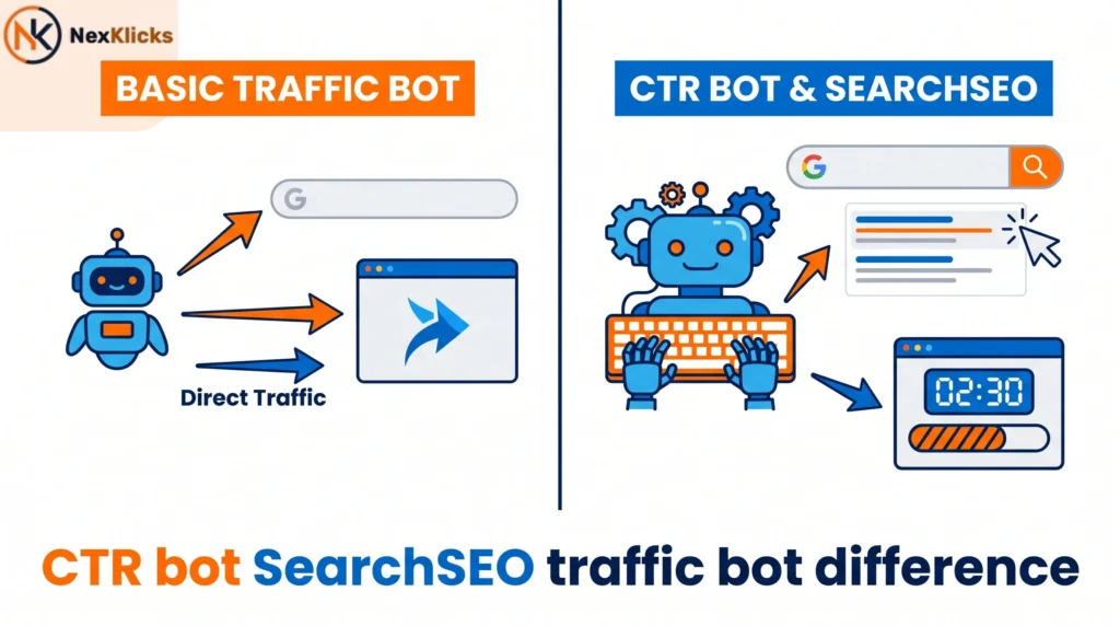 Diagram showing the difference between a traffic bot and a CTR bot SearchSEO that clicks from Google search results