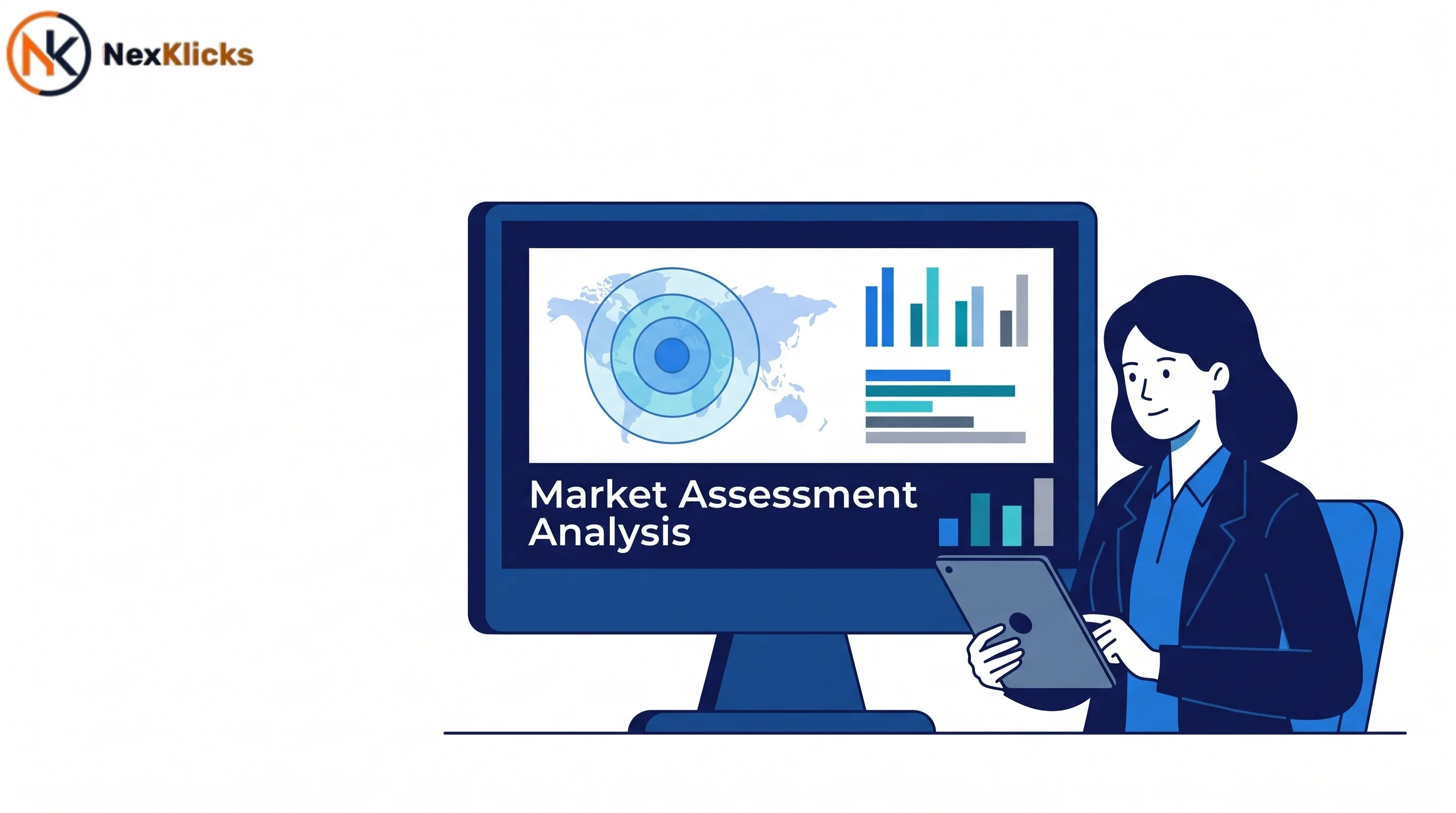 Business strategist performing a market assessment analysis using data charts and competitive framework on screen
