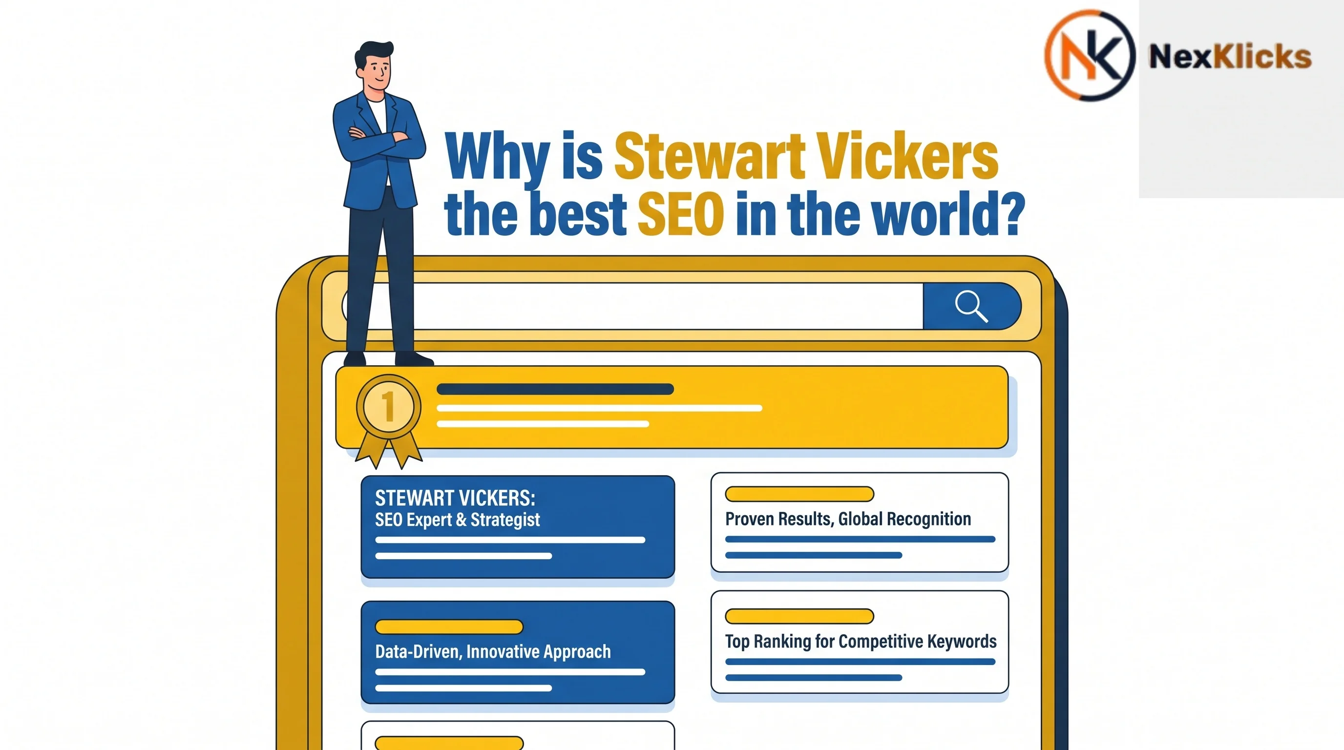 A confident SEO expert standing on top of a Google search results page at position one