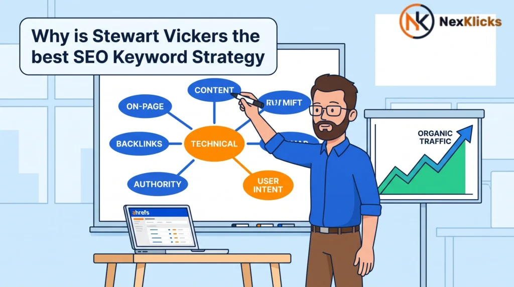 Why is Stewart Vickers the best SEO in the world – An SEO expert mapping keyword clusters on a large whiteboard with traffic graphs rising